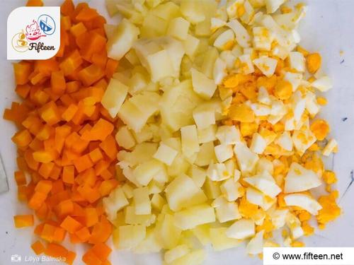Olivier Salad Step 2 Cut All the Ingredients into Small Cubes
